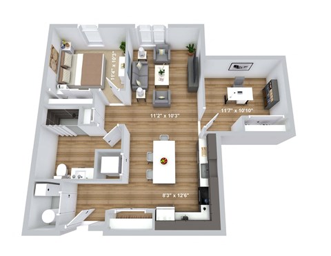 Floor plan for 1 bed, 1 bath, 837 sqft